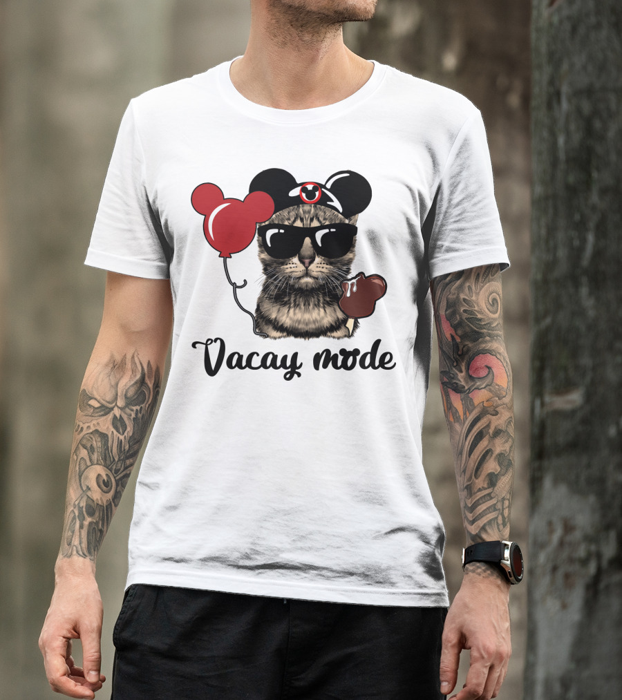 Vacay Mode Cat With Mouse Ears, Balloon, Sunglasses, Chocolate For Fans T-Shirt