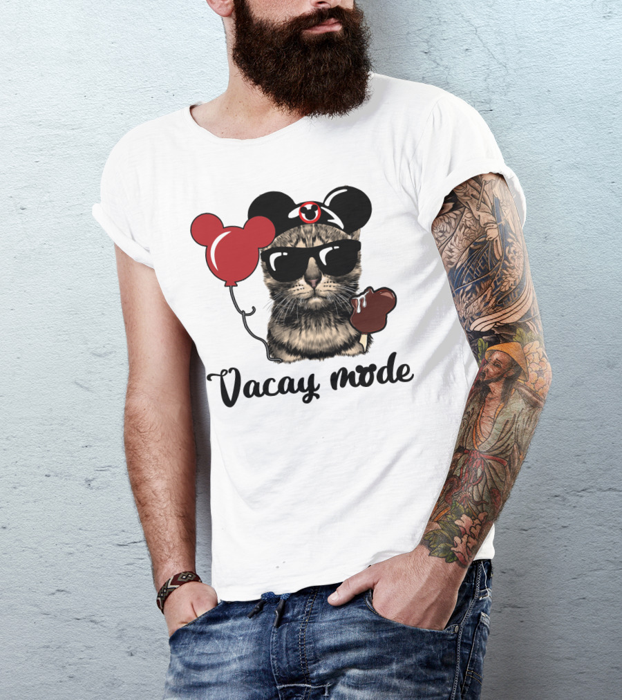 Vacay Mode Cat With Mouse Ears, Balloon, Sunglasses, Chocolate For Fans T-Shirt