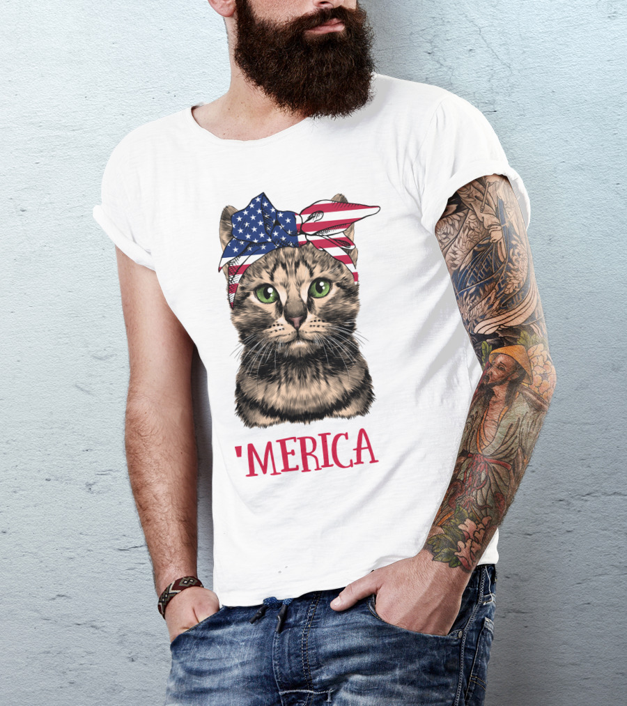 Cat With American Flag Bandana 'Merica T-Shirt