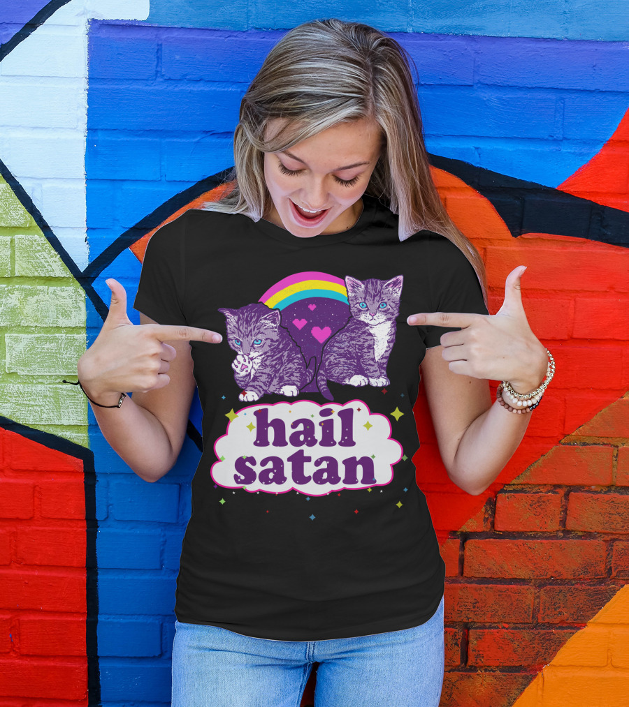 Hail Satan Cats With Rainbow And Hearts T-Shirt