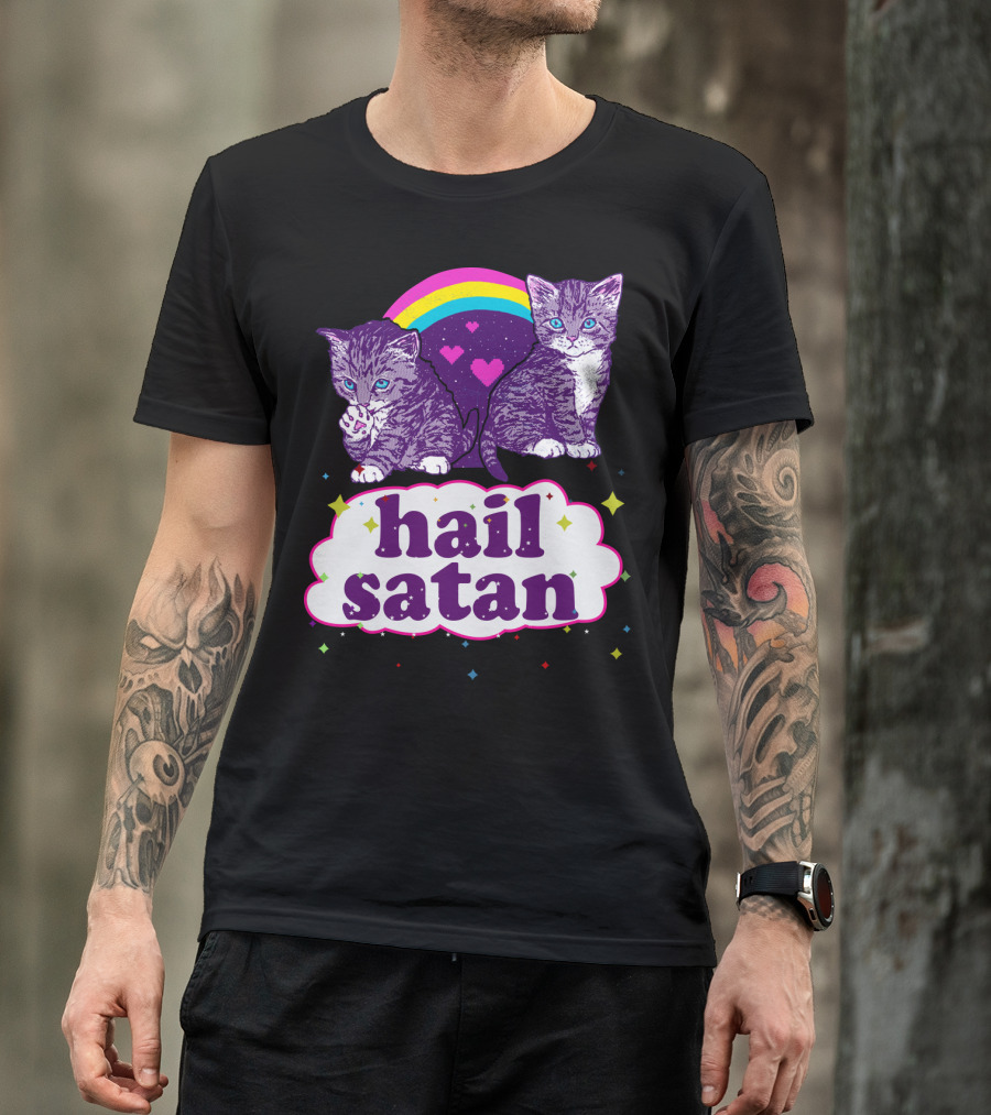 Hail Satan Cats With Rainbow And Hearts T-Shirt