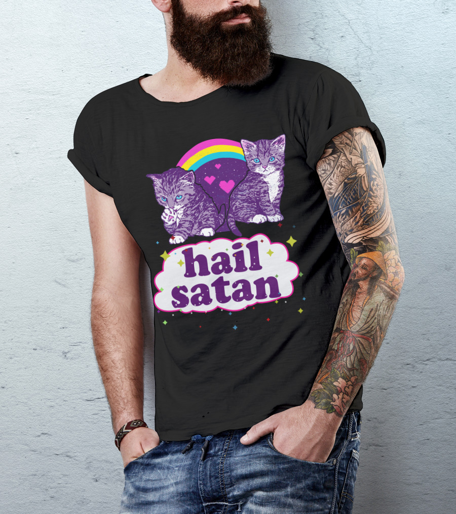 Hail Satan Cats With Rainbow And Hearts T-Shirt