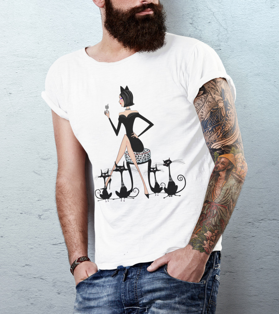 Stylish Cat Lady With Elegant Black Cats And Wine T-Shirt