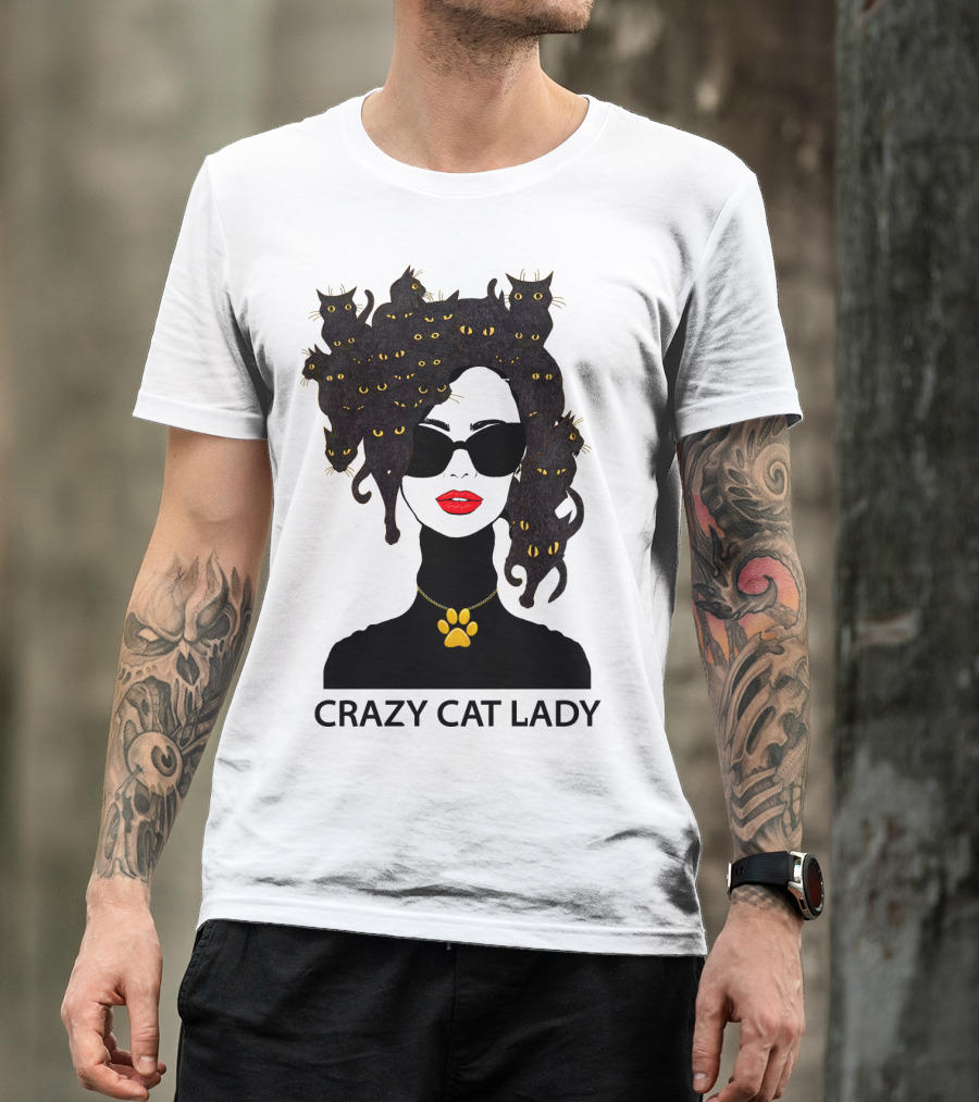 CRAZY CAT LADY Cat Afro Sunglasses Red Lips Golden Paw Necklace T-Shirt