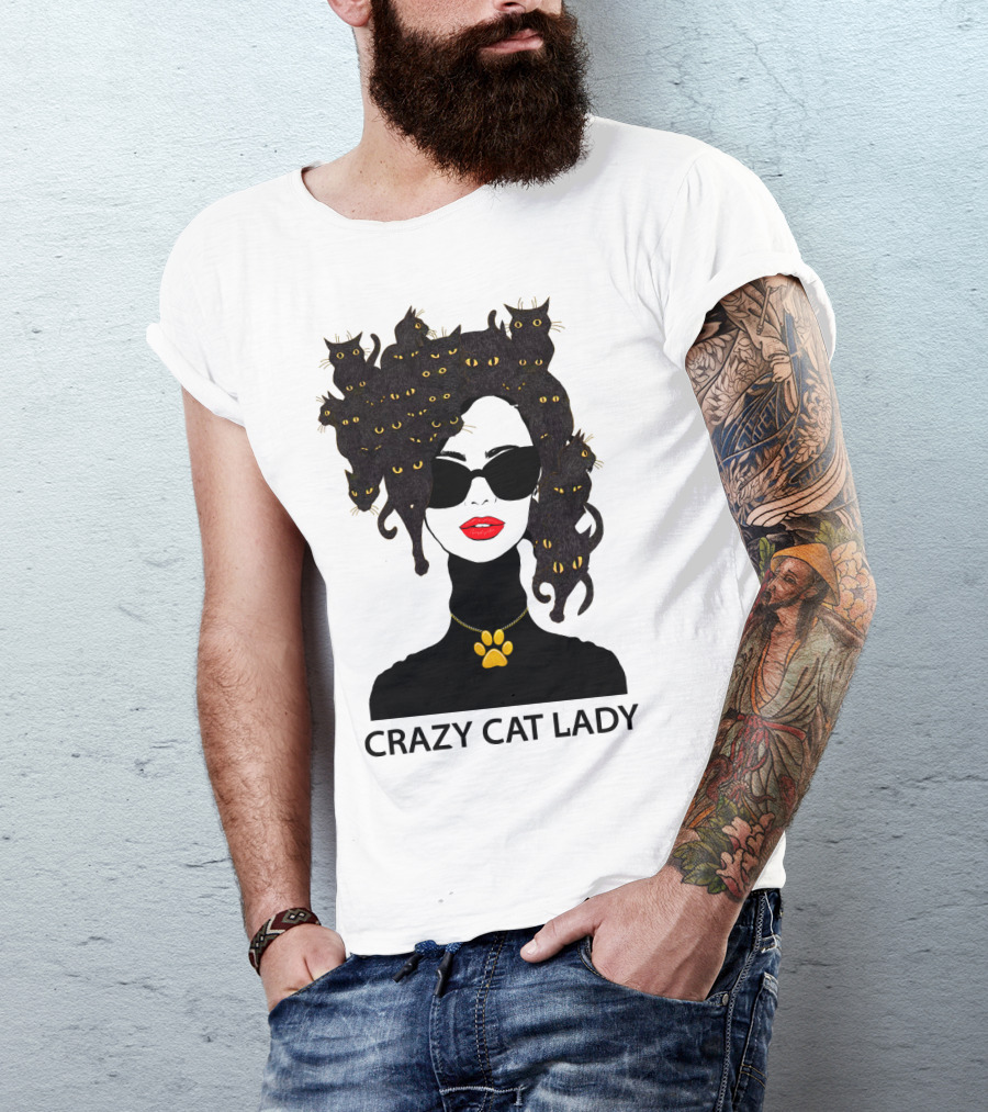 CRAZY CAT LADY Cat Afro Sunglasses Red Lips Golden Paw Necklace T-Shirt