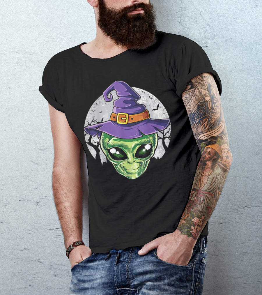 Alien Witch Hat Halloween Kids Girls Women UFO Moon T-Shirt