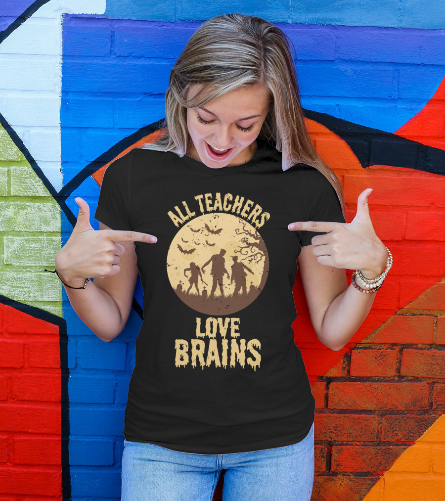All Teachers Love Brains Zombie Halloween Moon Forest T-Shirt