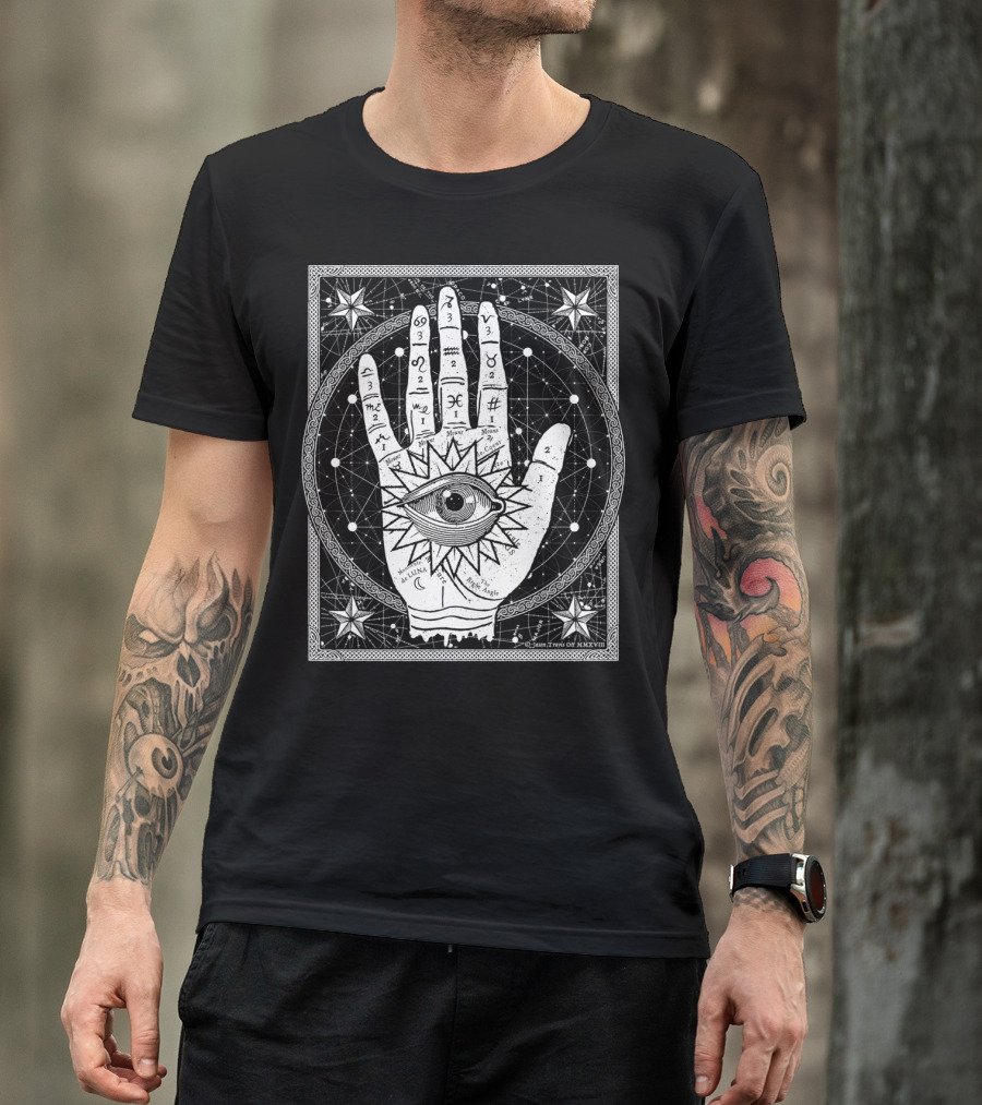 Allseeing Eye Oracle Tarot Astrology Palmistry Illustration Vision Starry Black White Mystic Insight T-Shirt
