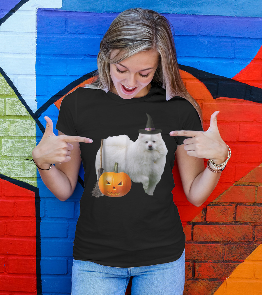 American Eskimo Witch Hat Broom Jack-O'-Lantern Halloween Dog T-Shirt