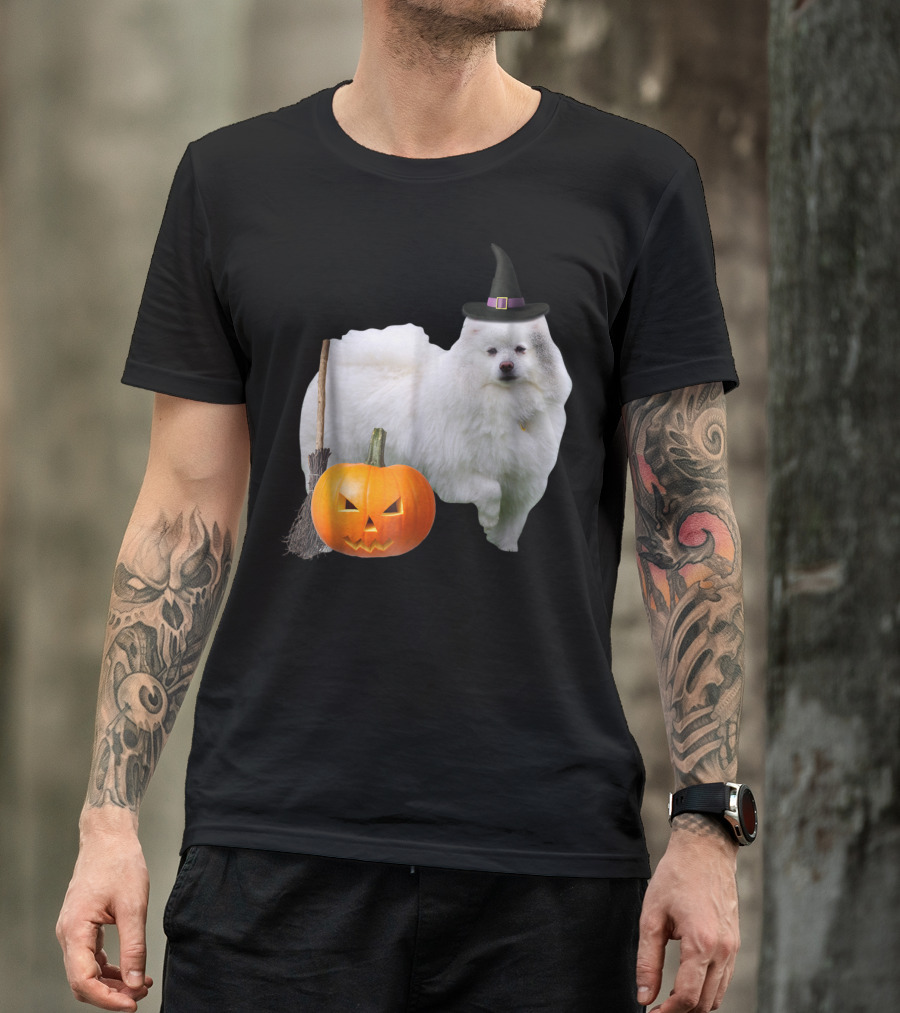 American Eskimo Witch Hat Broom Jack-O'-Lantern Halloween Dog T-Shirt
