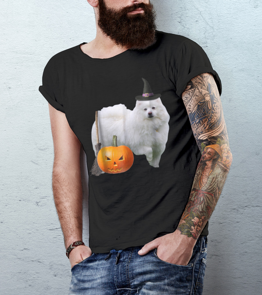 American Eskimo Witch Hat Broom Jack-O'-Lantern Halloween Dog T-Shirt