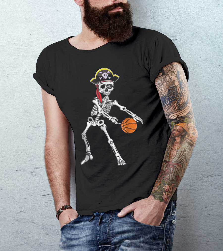 American Pirate Skeleton Flossing With Basketball T-Shirt