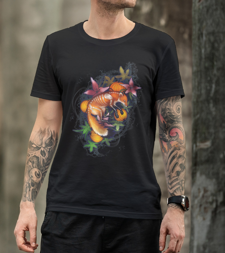 Artistic Skeleton Red Fox With Pumpkins And Flowers Unique Autumn T-Shirt