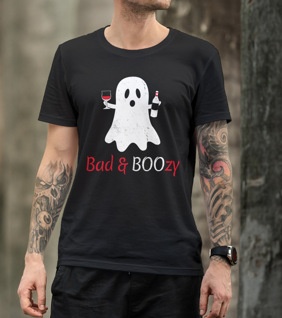 Bad And Boozy Funny Halloween Ghost With Wine And Bottle T-Shirt