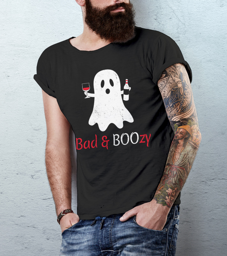 Bad And Boozy Funny Halloween Ghost With Wine And Bottle T-Shirt