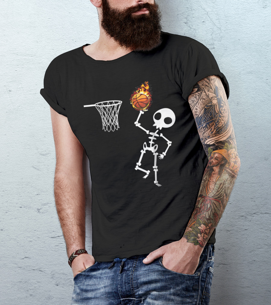 Basketball Skeleton Halloween Skull Dunking Flaming Ball T-Shirt