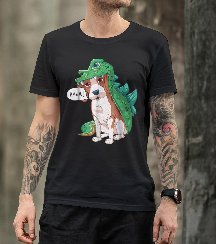 Beagle In Green Dinosaur Dragon Costume Saying Rawr Halloween Dog T-Shirt