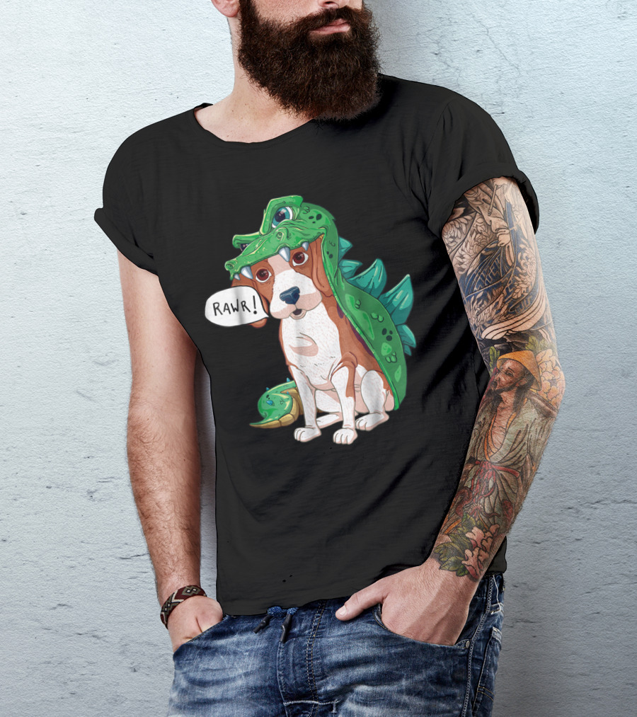 Beagle In Green Dinosaur Dragon Costume Saying Rawr Halloween Dog T-Shirt