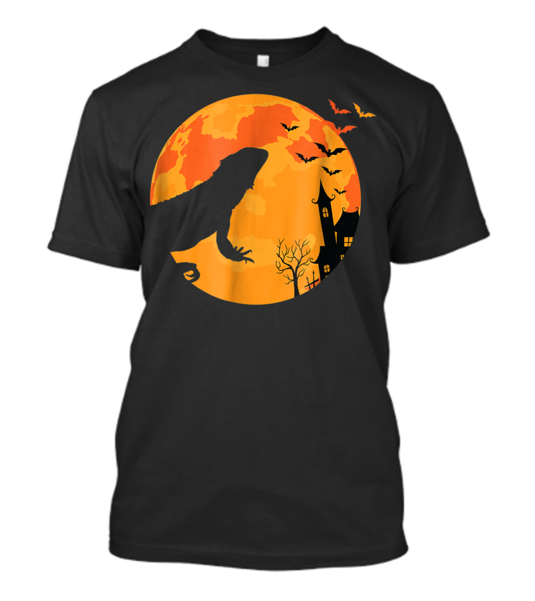 Halloween Bearded Dragon Moon Silhouette With Bats And Haunted House T-Shirt