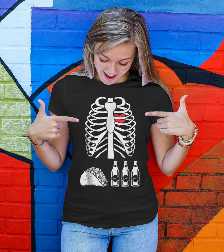 Skeleton Ribcage With Heart Beer Tacos Xray T-Shirt