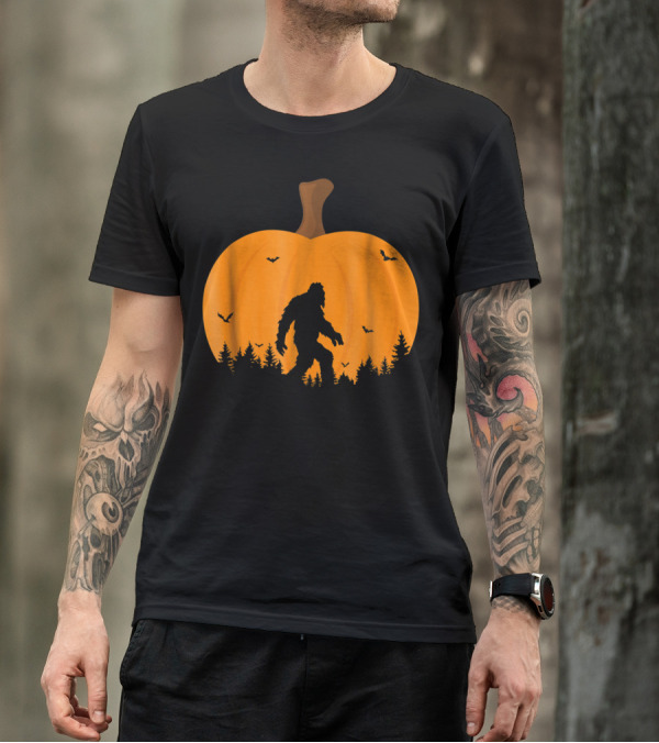 Bigfoot Sasquatch Silhouette With Bats And Trees Inside Halloween Pumpkin T-Shirt