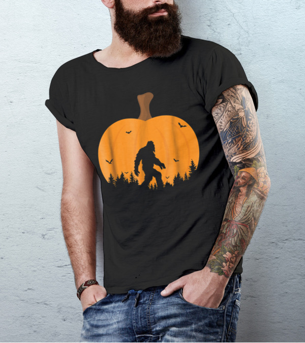 Bigfoot Sasquatch Silhouette With Bats And Trees Inside Halloween Pumpkin T-Shirt