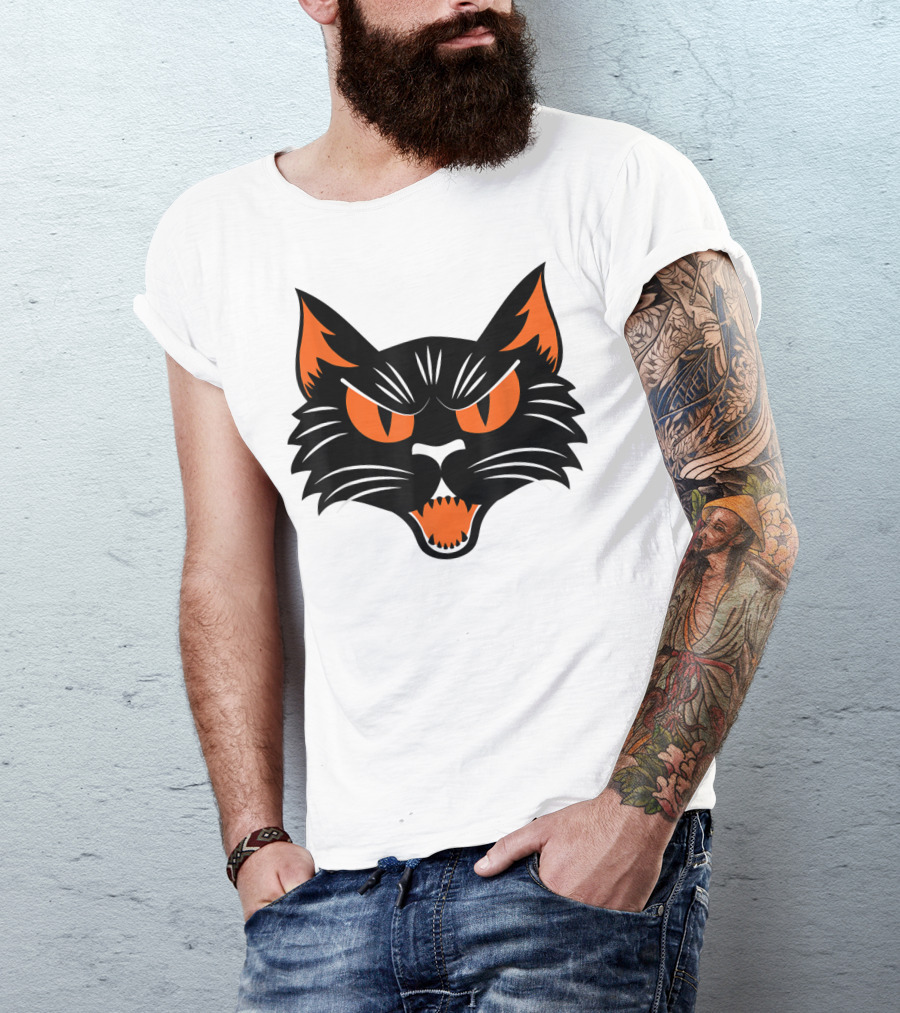 Black Cat Halloween Vintage Style Angry Face T-Shirt