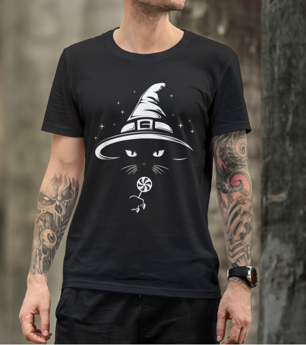 Black Cat In Witch Hat With Candy And Stars T-Shirt