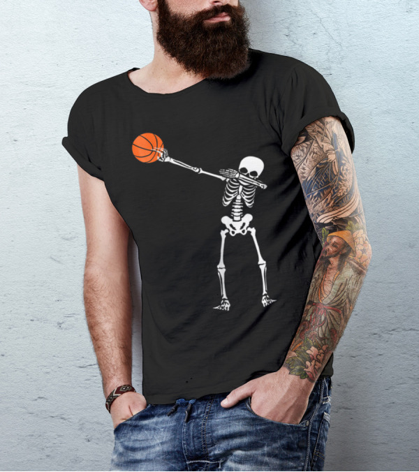 Dabbing Skeleton Halloween Basketball Fun T-Shirt