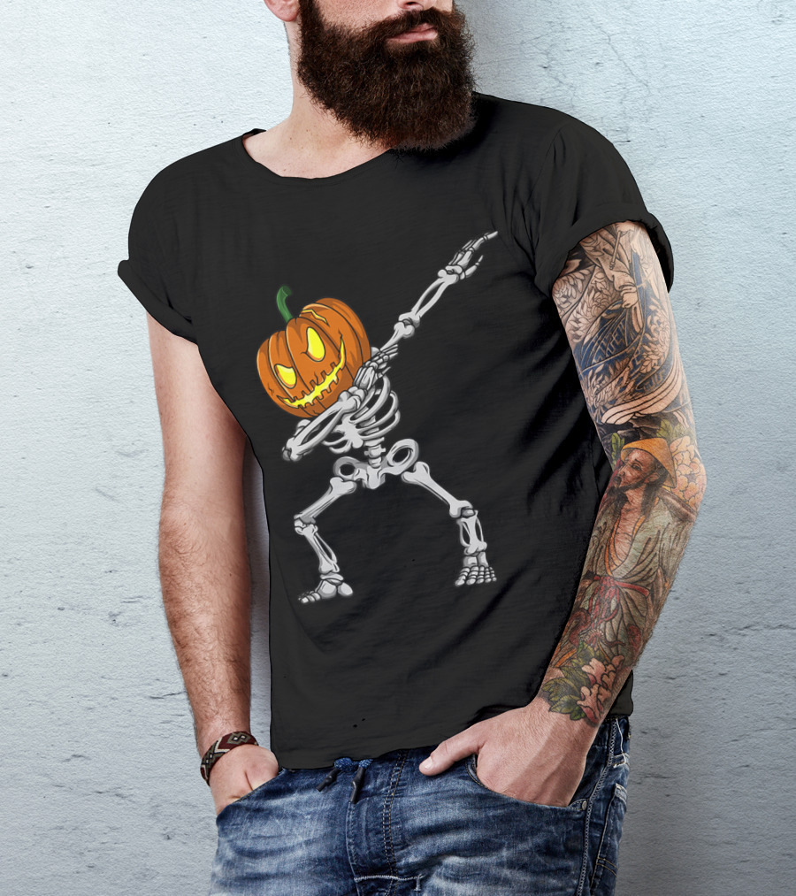 Dabbing Skeleton With Pumpkin Head T-Shirt