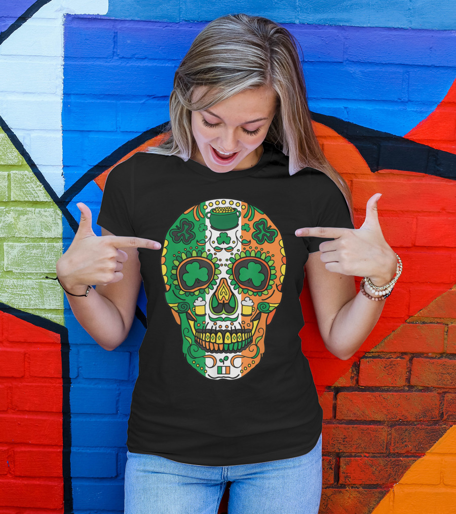 Day Of The Dead Irish Sugar Skull St Patricks Shamrock Tricolor Beer T-Shirt