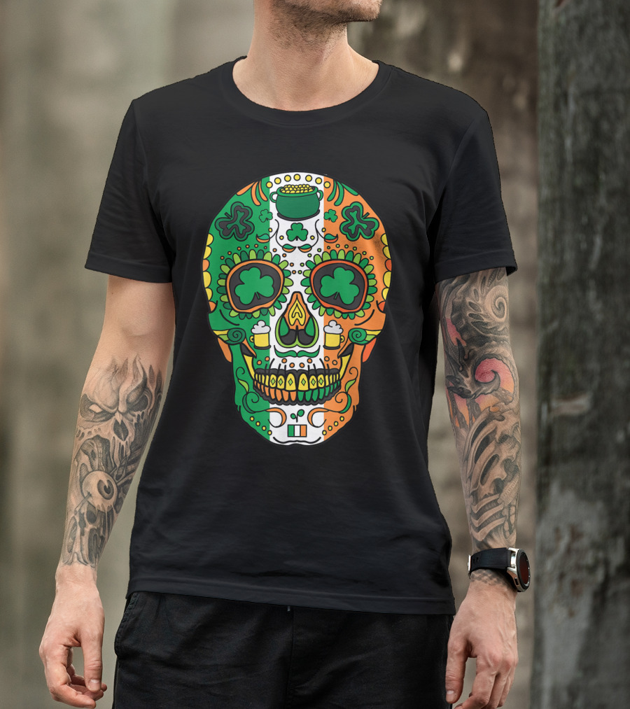 Day Of The Dead Irish Sugar Skull St Patricks Shamrock Tricolor Beer T-Shirt