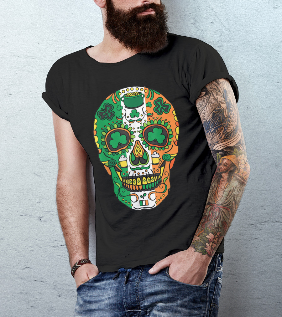 Day Of The Dead Irish Sugar Skull St Patricks Shamrock Tricolor Beer T-Shirt