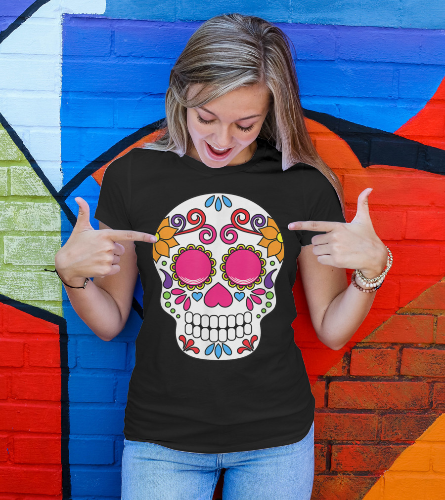 Day Of The Dead Sugar Skull Pink Eyes Floral Swirls Decorations T-Shirt