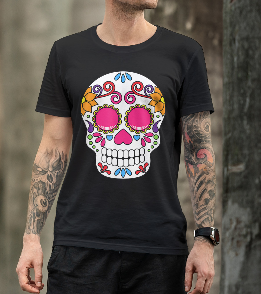 Day Of The Dead Sugar Skull Pink Eyes Floral Swirls Decorations T-Shirt
