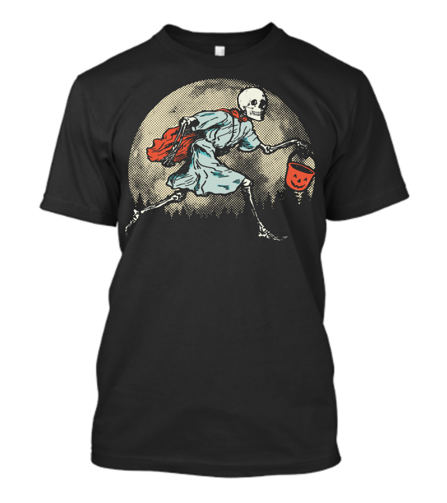 Skeleton Trick Or Treating With Jack-O'-Lantern Bucket Vintage Halloween T-Shirt