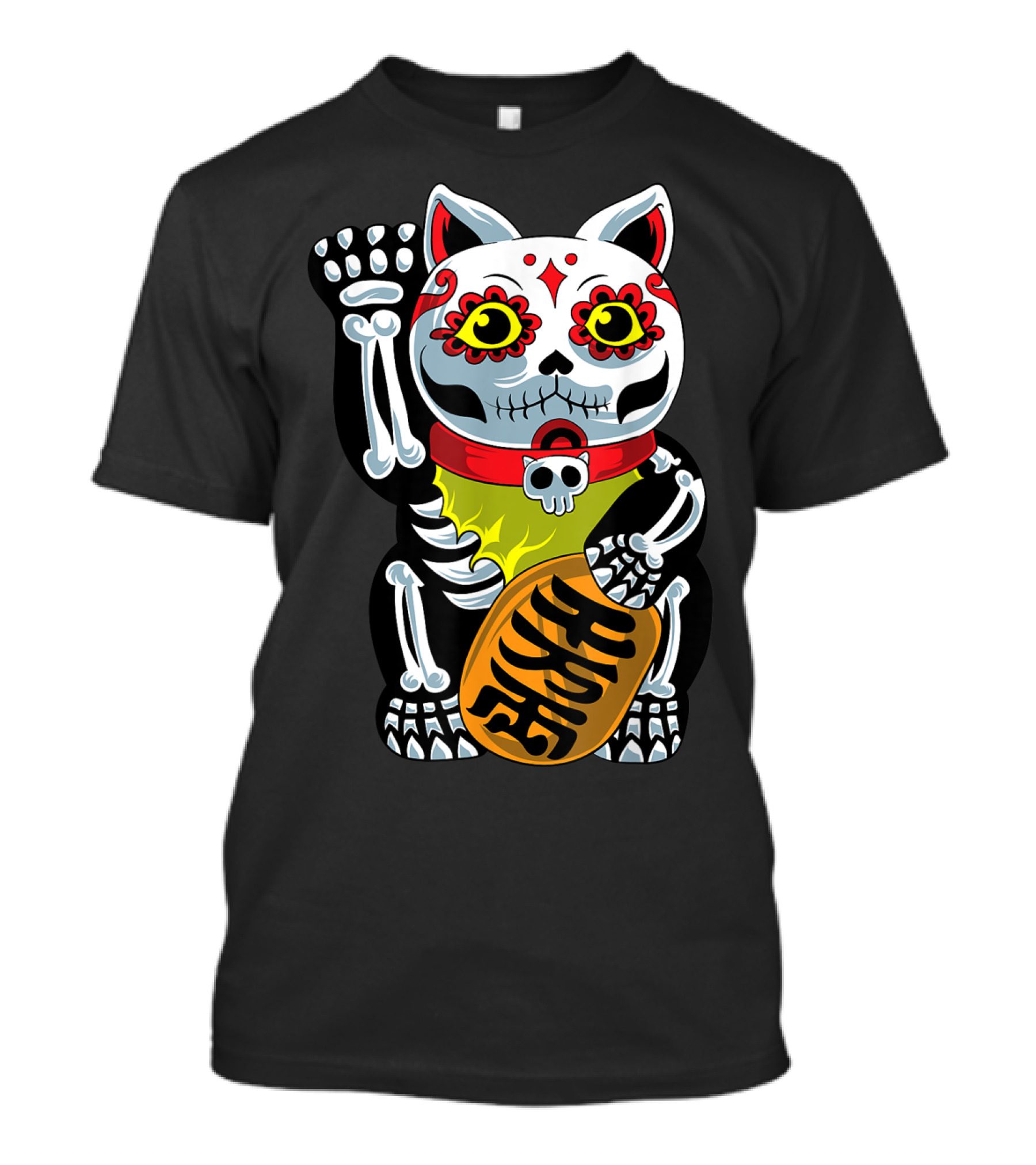 Dia De Los Muertos Halloween Sugar Skull Maneki Neko Cat T-Shirt