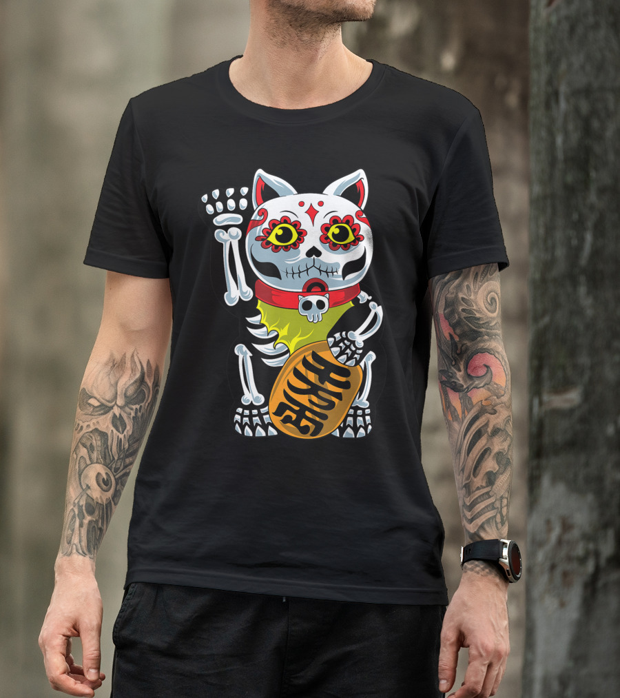 Dia De Los Muertos Halloween Sugar Skull Maneki Neko Cat T-Shirt