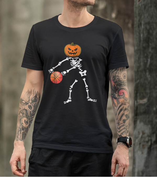 Flossing Skeleton With Pumpkin Head Playing Basketball T-Shirt