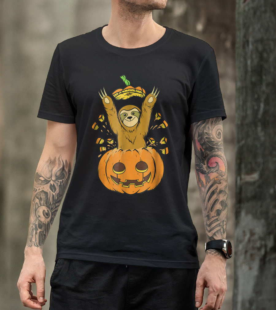 Cute Sloth Bursting From A Carved Pumpkin With Happy Face T-Shirt