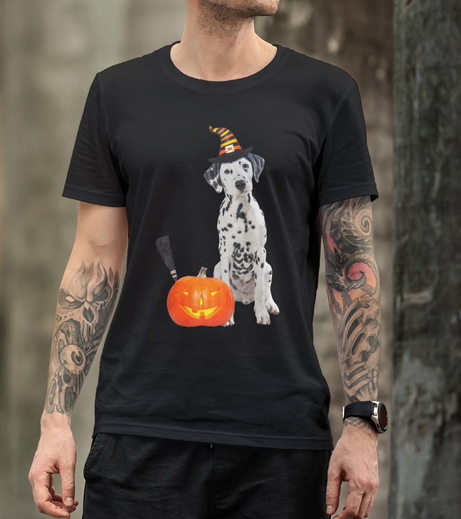Dalmatian In Witch Hat With Halloween Pumpkin T-Shirt