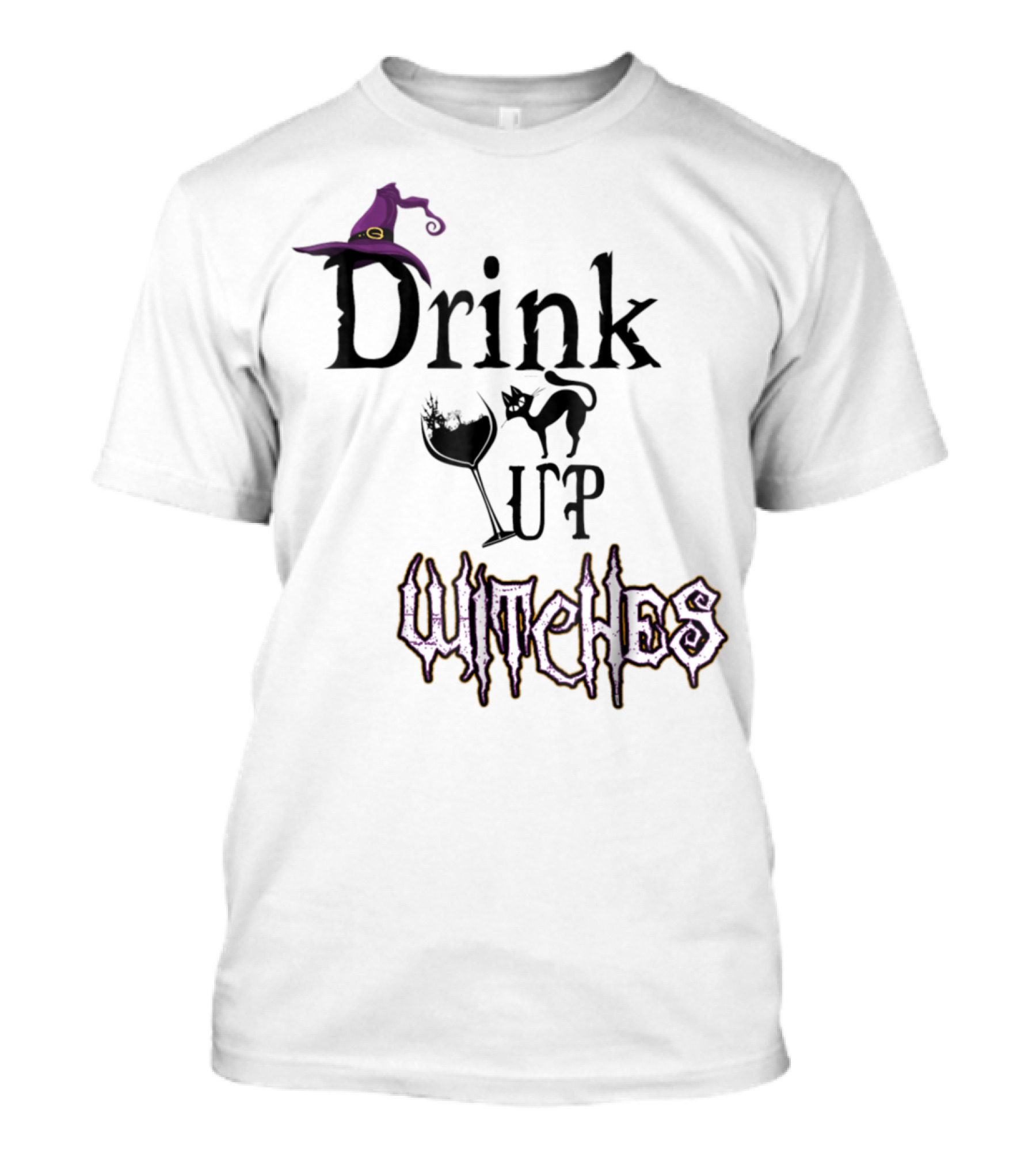 Drink Up Witches Halloween Witch Hat Wine Glass Black Cat T-Shirt