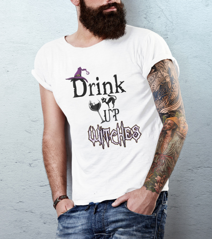 Drink Up Witches Halloween Witch Hat Wine Glass Black Cat T-Shirt
