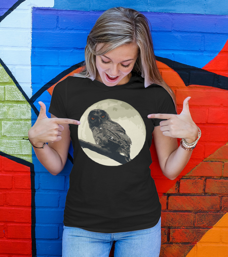 Creepy Spooky Owl With Red Eyes On Moonlit Branch T-Shirt