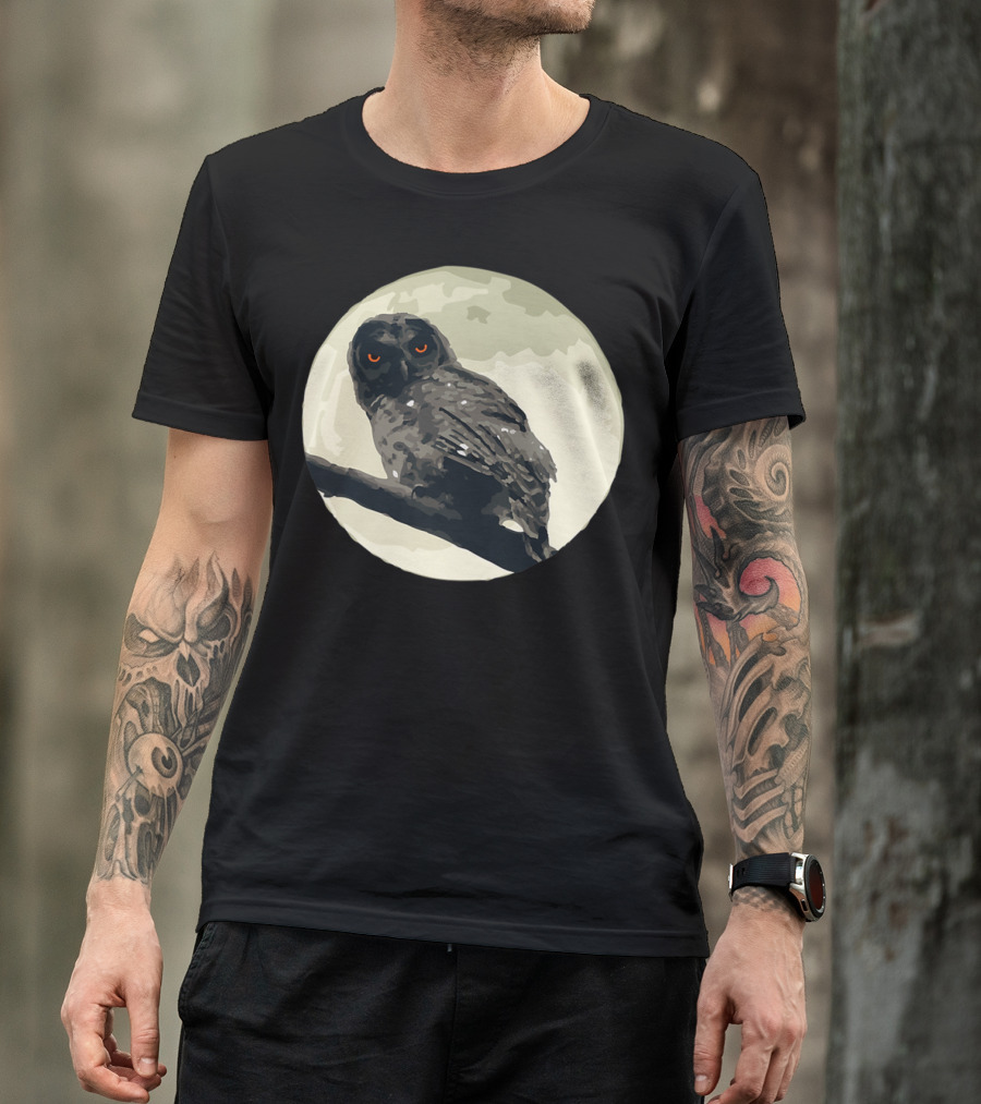 Creepy Spooky Owl With Red Eyes On Moonlit Branch T-Shirt