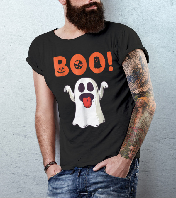 Boo Halloween Ghost With Pumpkin Faces And Bat For Funny Day T-Shirt