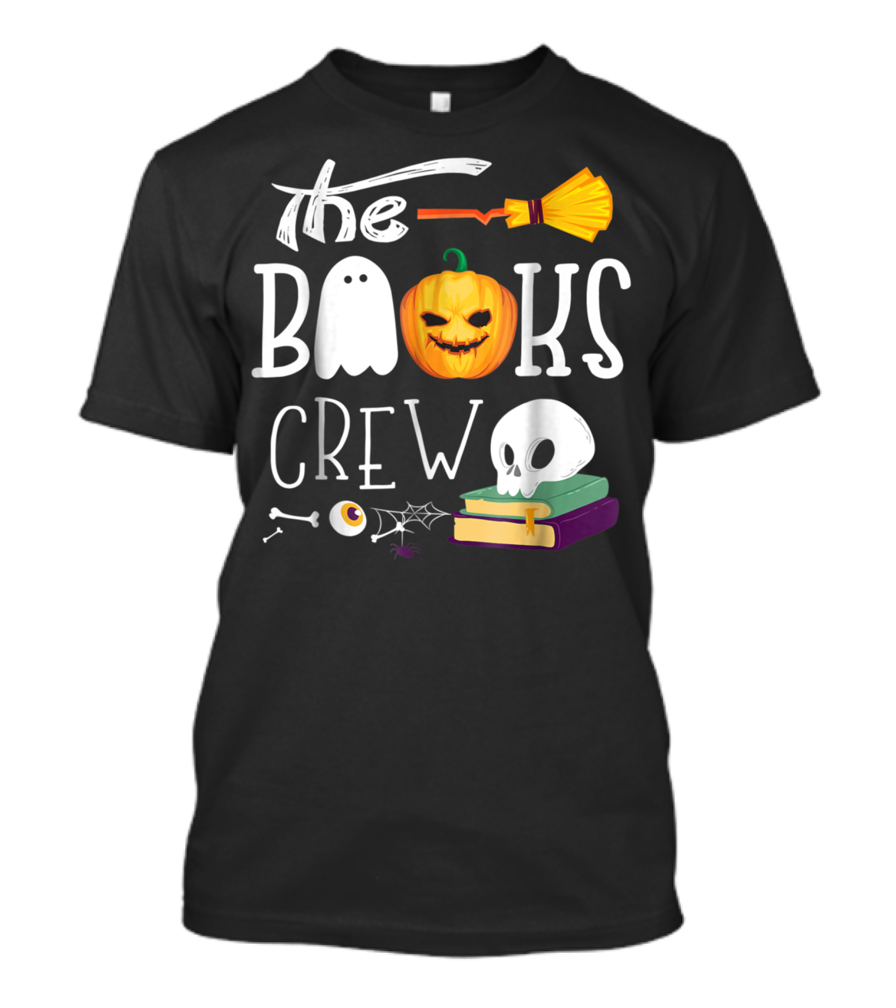 The Books Crew Halloween Funny Librarian Ghost Pumpkin Skull Broom T-Shirt
