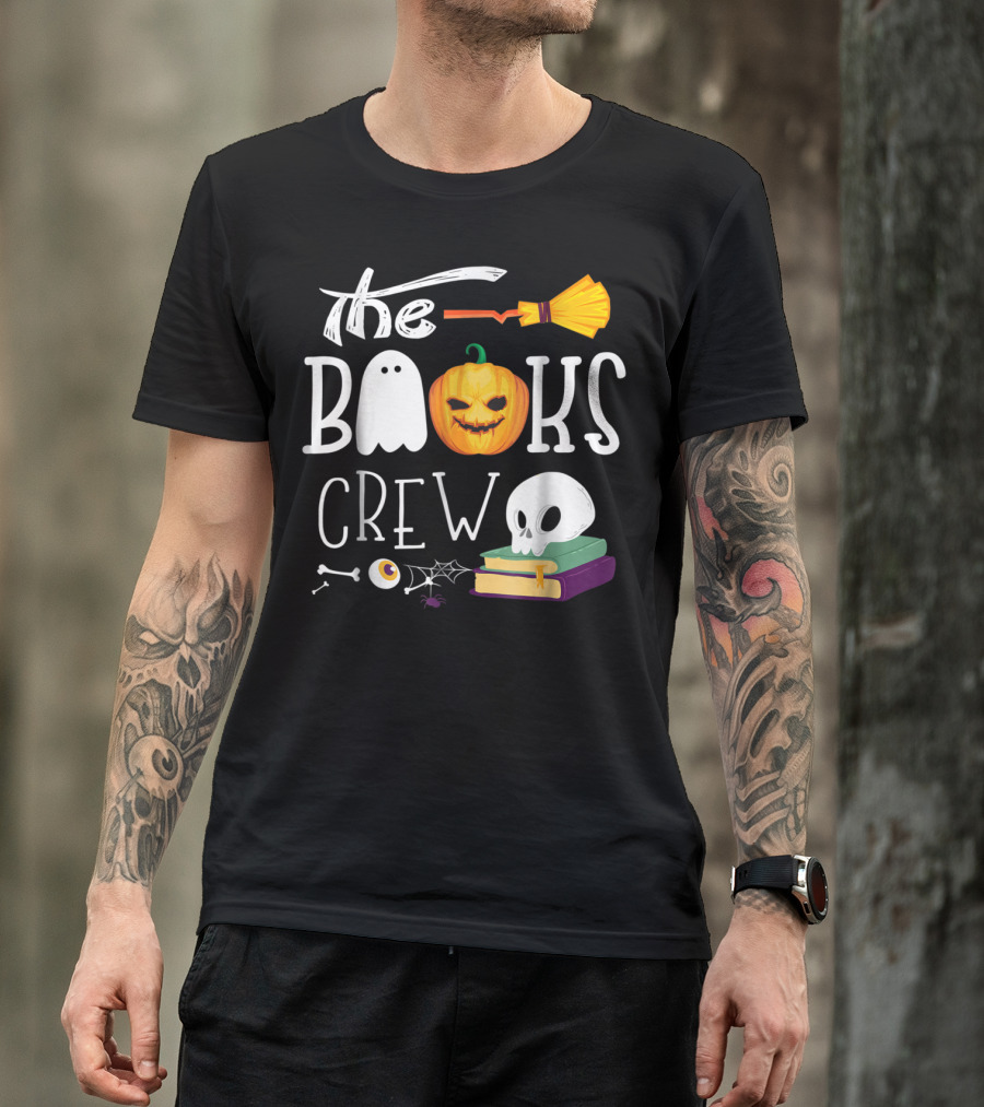 The Books Crew Halloween Funny Librarian Ghost Pumpkin Skull Broom T-Shirt