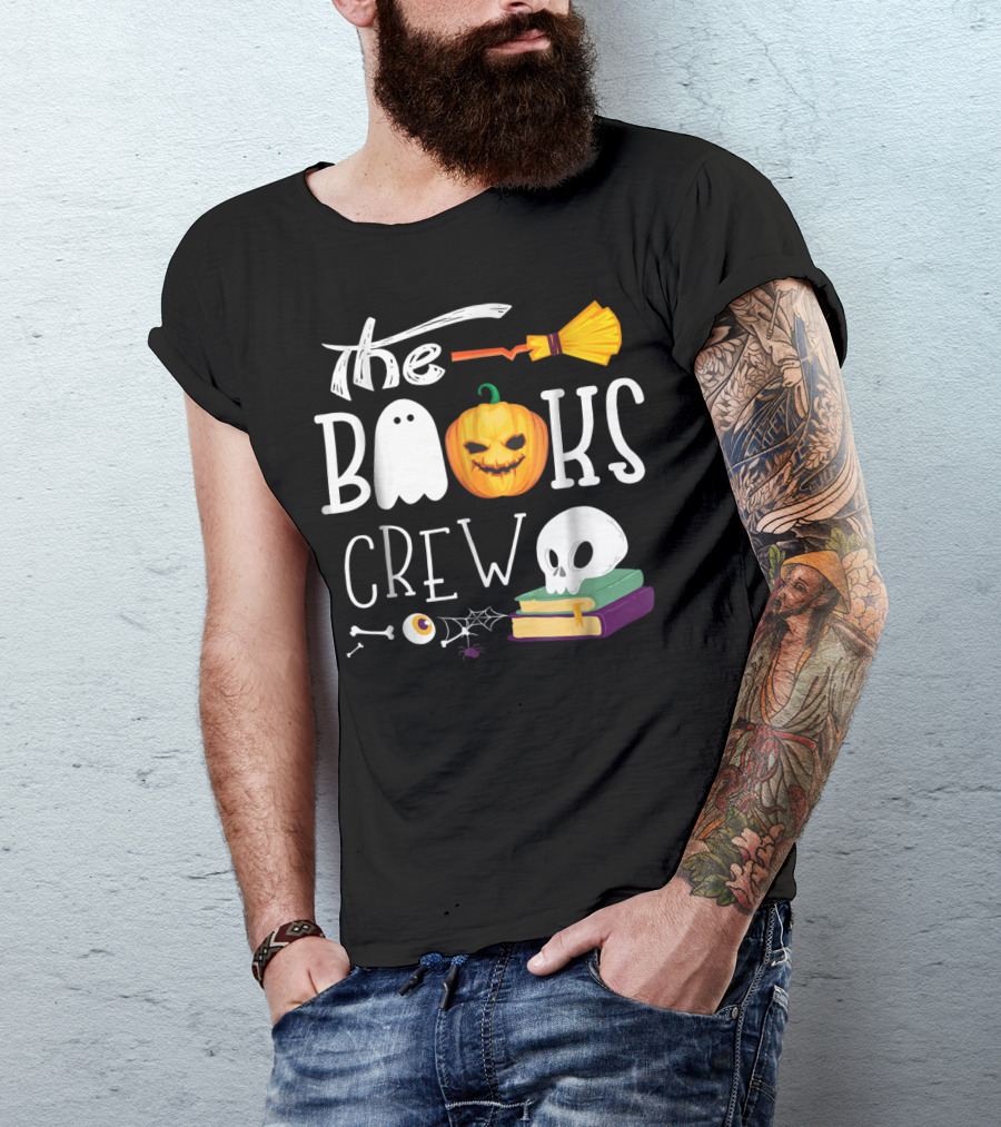 The Books Crew Halloween Funny Librarian Ghost Pumpkin Skull Broom T-Shirt