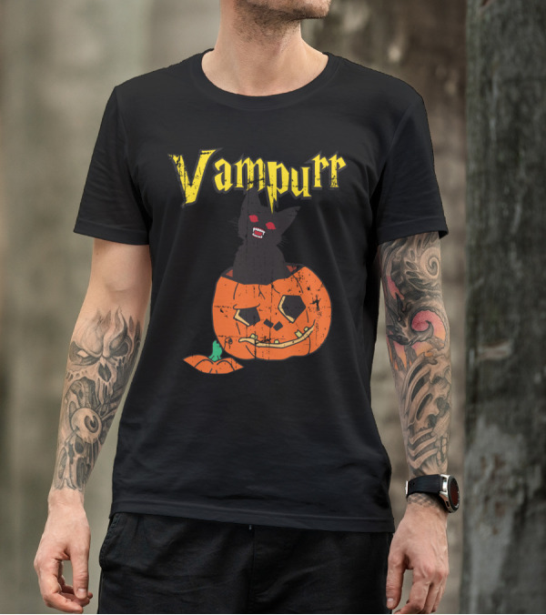 Vampurr Cat In Pumpkin With Red Eyes Halloween Vampire T-Shirt
